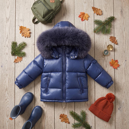 Baby Navy Puffer Coat with Faux Fur Hood