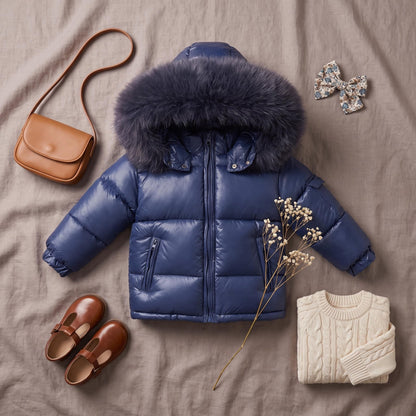 Baby Navy Puffer Coat with Faux Fur Hood