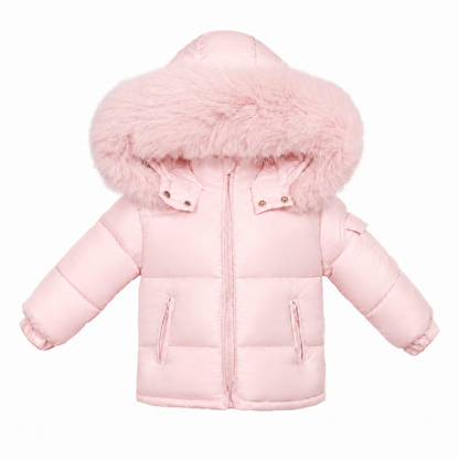 Baby Girls Pink Puffer Coat With Faux Fur Hood