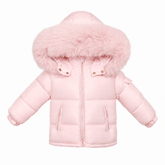Baby Girls Pink Puffer Coat With Faux Fur Hood