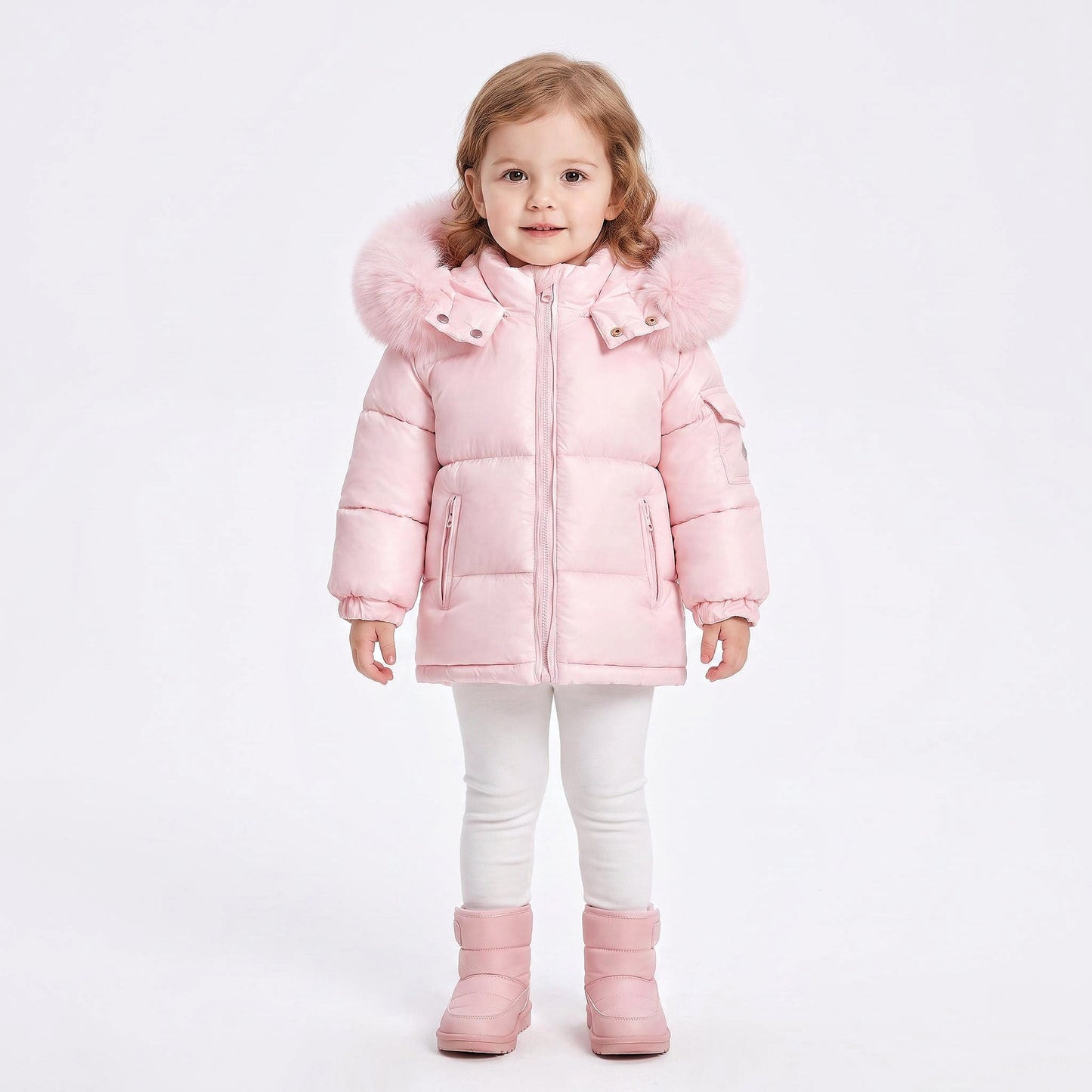 Baby Girls Pink Puffer Coat With Faux Fur Hood