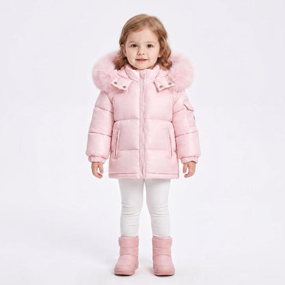 Baby Girls Pink Puffer Coat With Faux Fur Hood