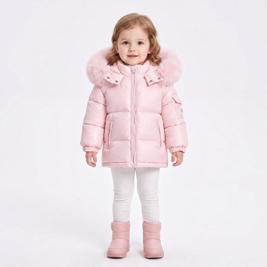 Baby Girls Pink Puffer Coat With Faux Fur Hood