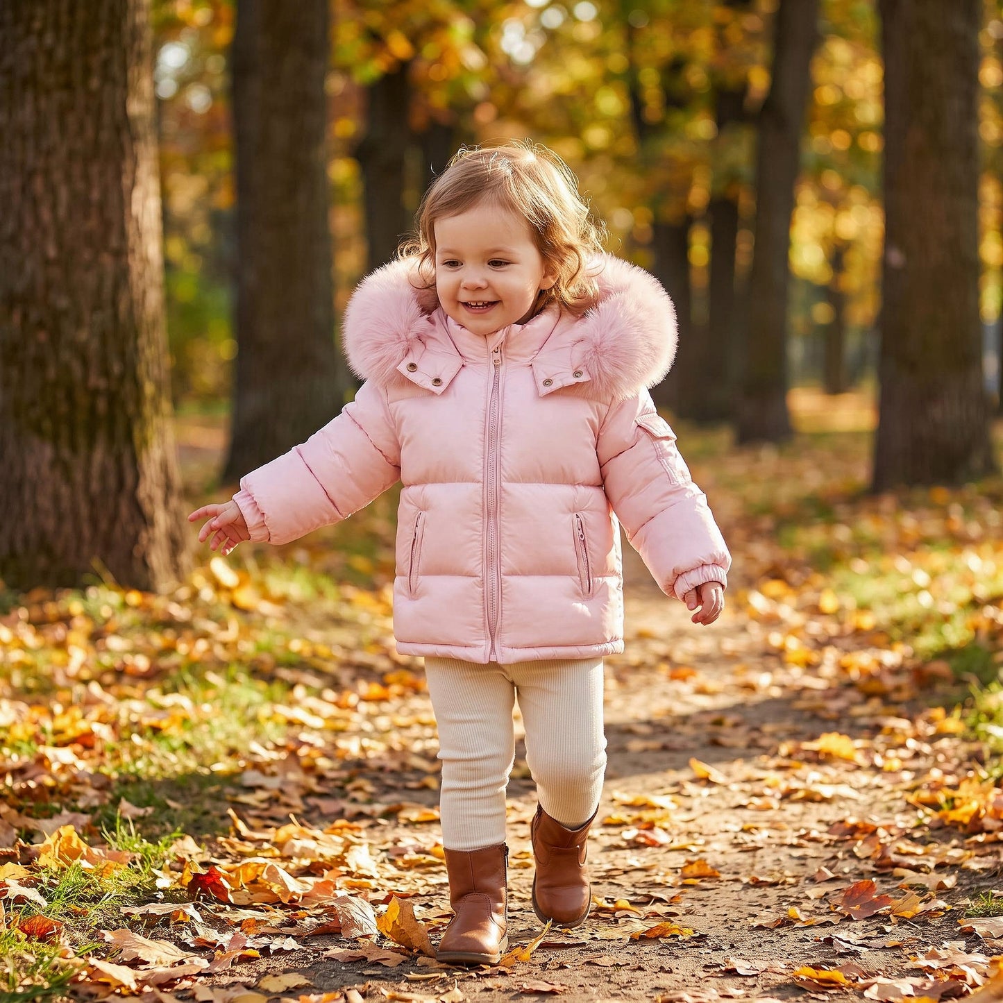 Baby Girls Pink Puffer Coat With Faux Fur Hood