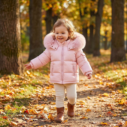Baby Girls Pink Puffer Coat With Faux Fur Hood