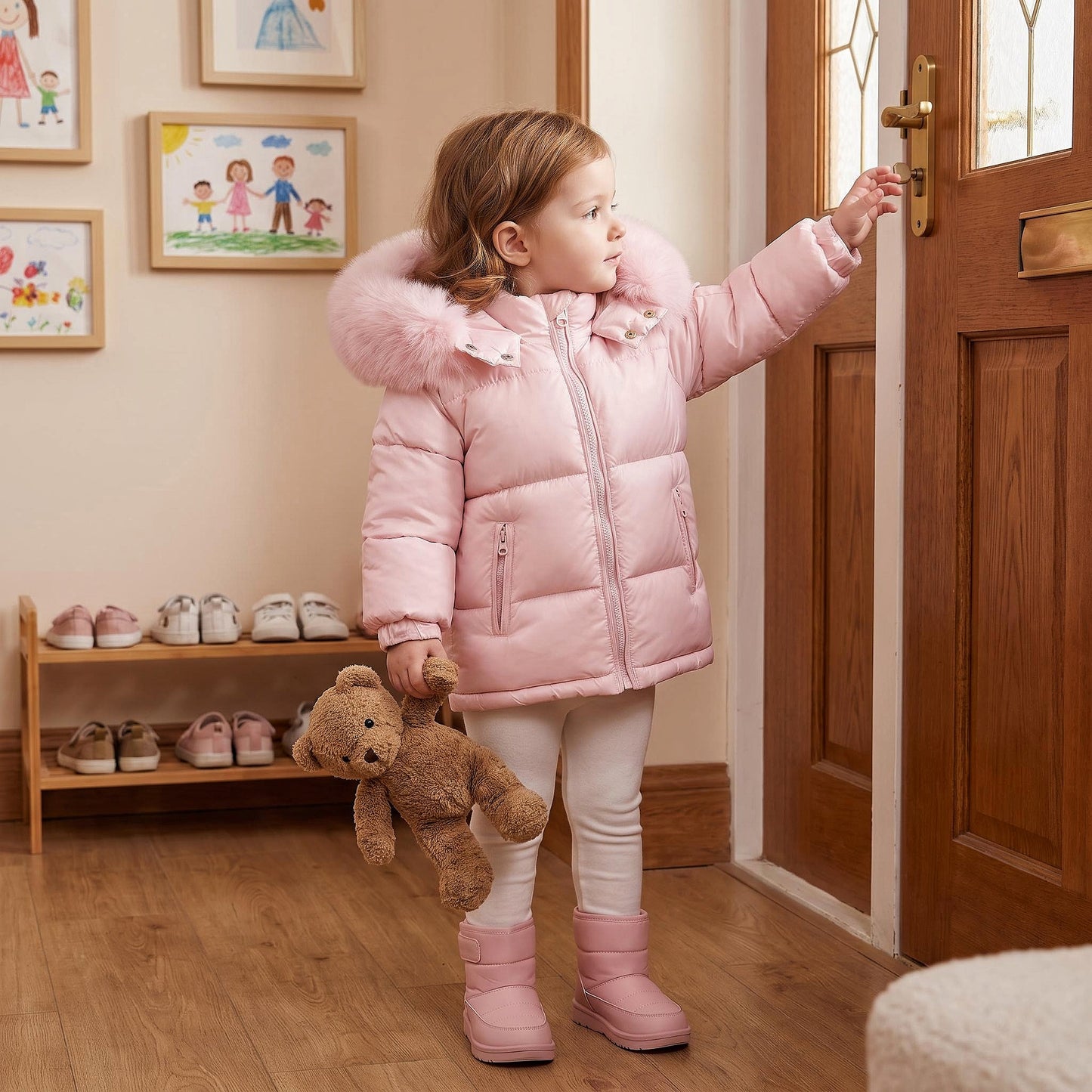 Baby Girls Pink Puffer Coat With Faux Fur Hood