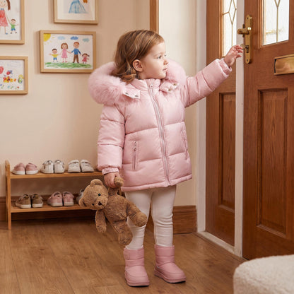 Baby Girls Pink Puffer Coat With Faux Fur Hood