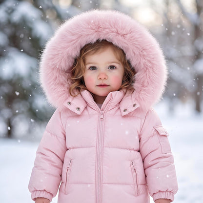 Baby Girls Pink Puffer Coat With Faux Fur Hood