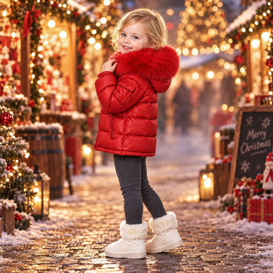 Baby Red Puffer Coat With Faux Fur Hood
