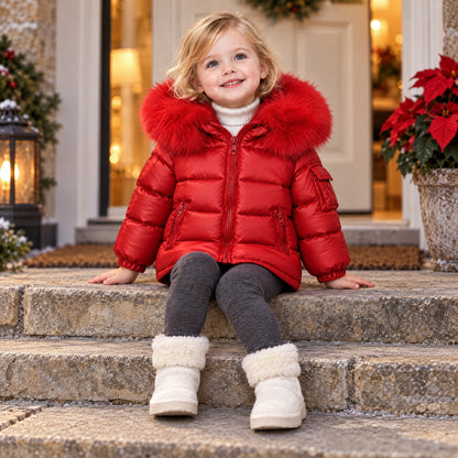 Baby Red Puffer Coat With Faux Fur Hood