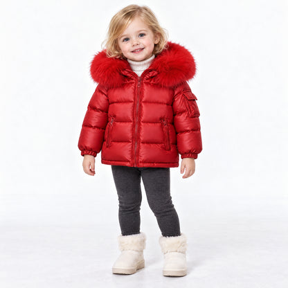 Baby Red Puffer Coat With Faux Fur Hood