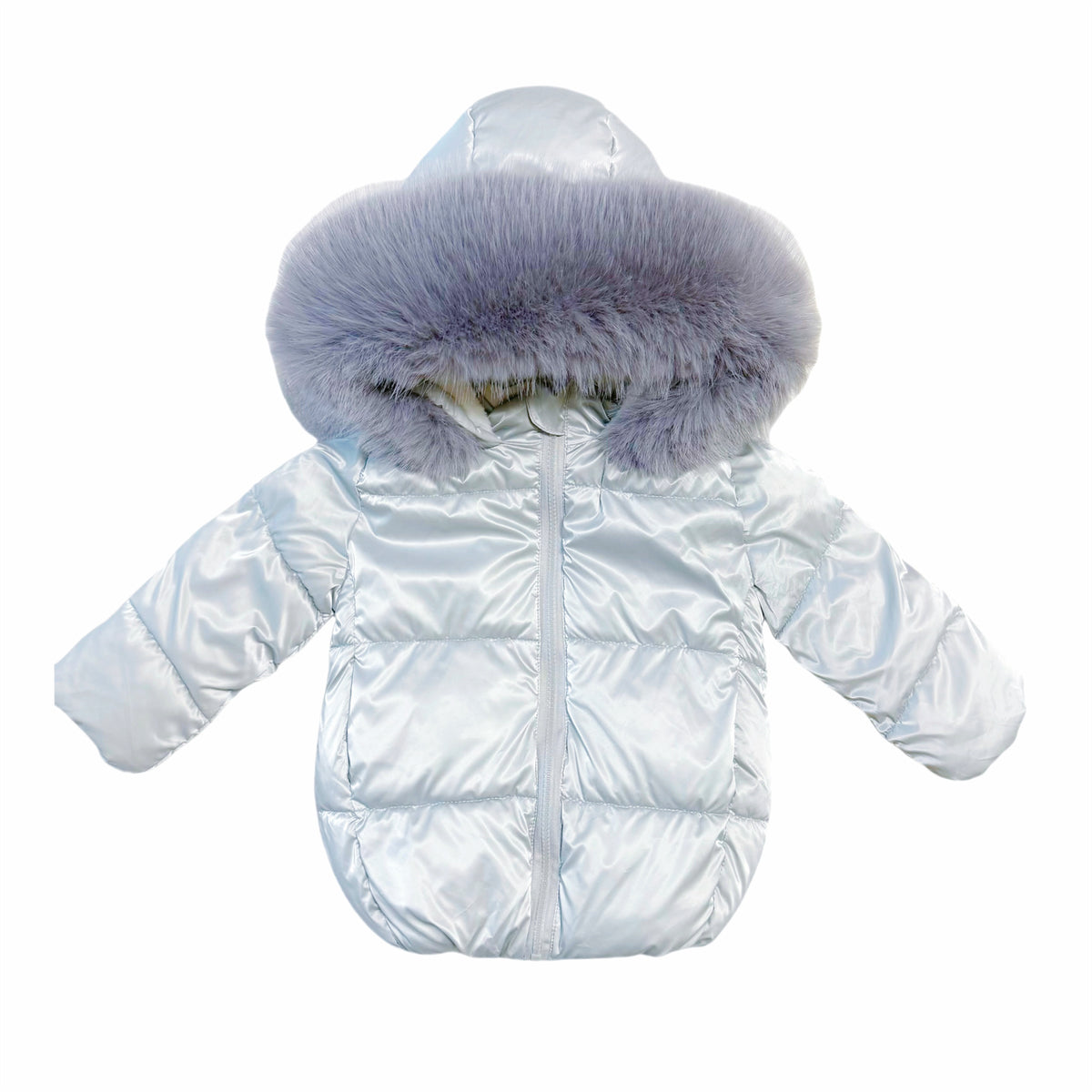 Front view of silver baby puffer coat with grey faux-fur hood trim and horizontal quilted panels