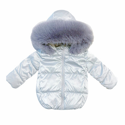 Front view of silver baby puffer coat with grey faux-fur hood trim and horizontal quilted panels