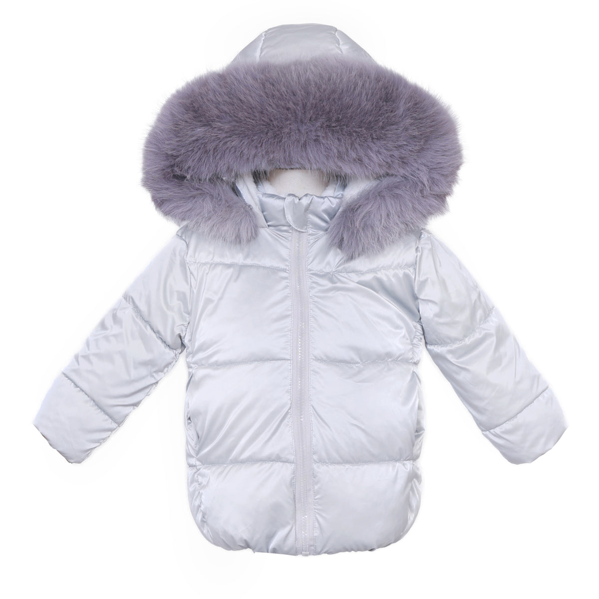 Silver hooded puffer coat showing the front zip and broad padded sections