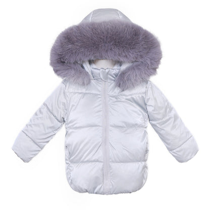Silver hooded puffer coat showing the front zip and broad padded sections