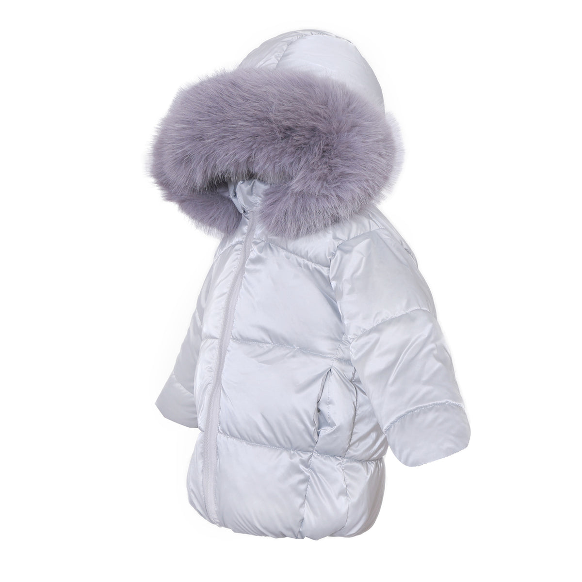 Side view of silver puffer coat with long sleeves and grey faux-fur hood trim