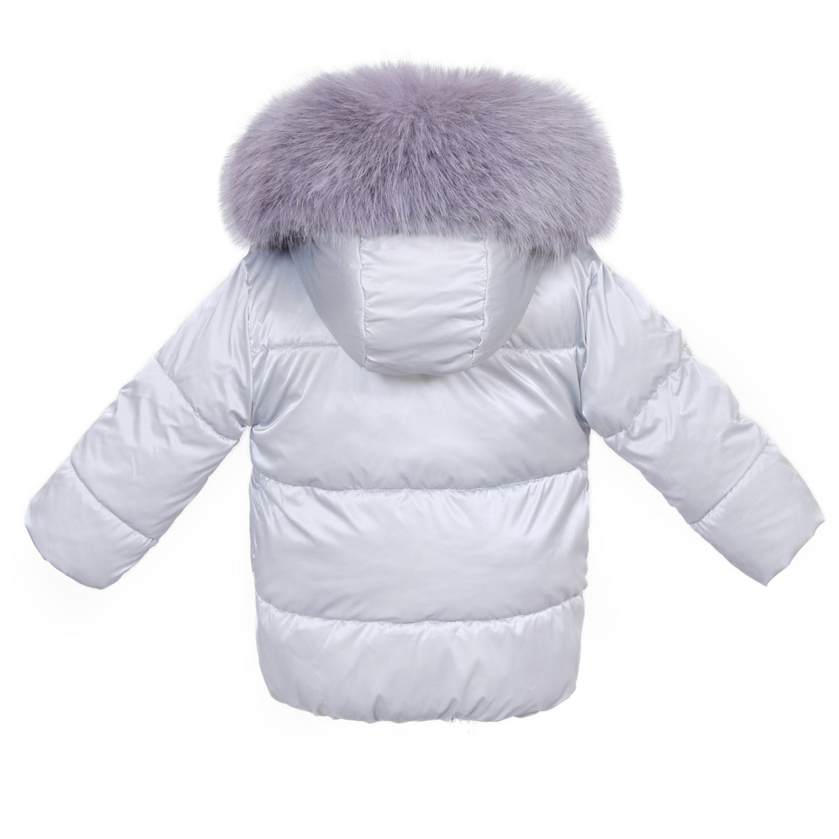 Back of silver baby puffer coat showing the hood and horizontal quilting
