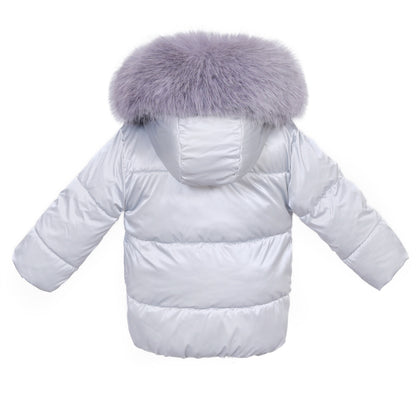 Back of silver baby puffer coat showing the hood and horizontal quilting