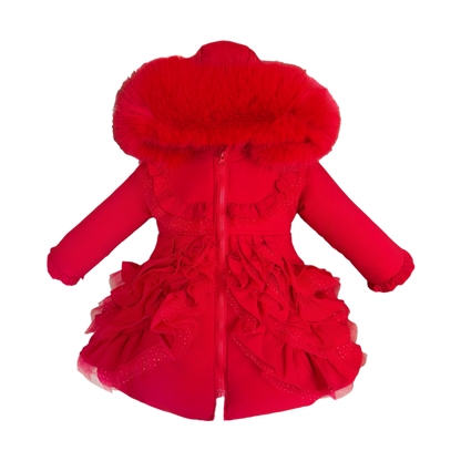 Girls Red Ruffle Hooded Coat