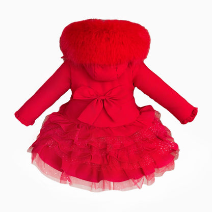 Girls Red Ruffle Hooded Coat