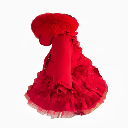 Girls Red Ruffle Hooded Coat
