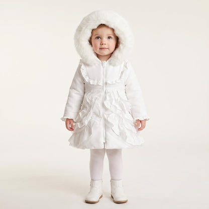 Baby Girls White Puff Coat with Faux Fur Hood
