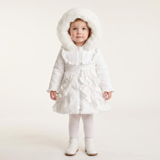 Baby Girls White Puff Coat with Faux Fur Hood