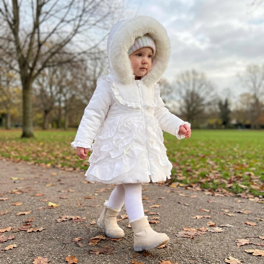 Baby Girls White Puff Coat with Faux Fur Hood