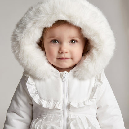 Baby Girls White Puff Coat with Faux Fur Hood