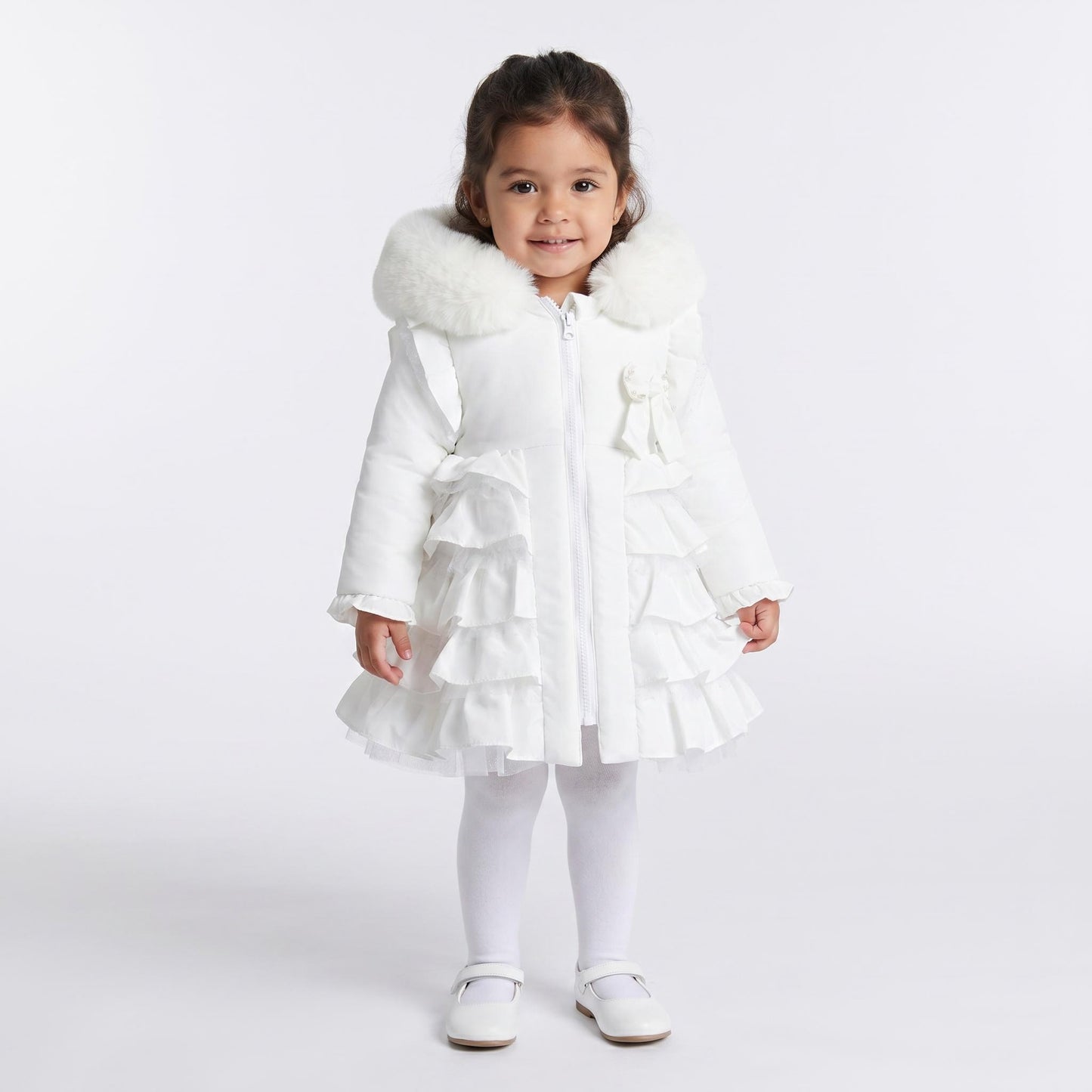 Baby Girls White Puff Coat with Faux Fur Hood