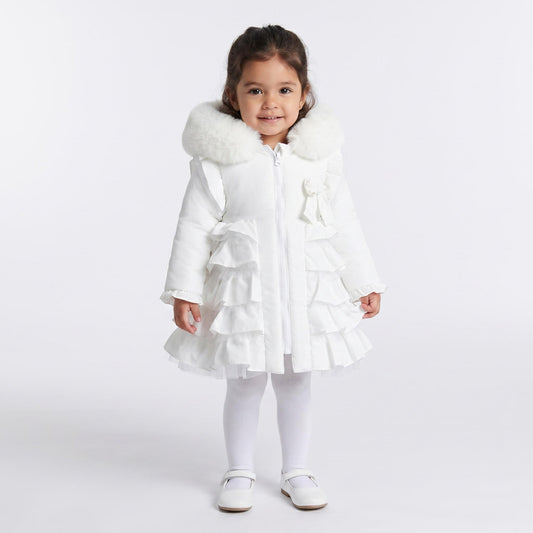 Baby Girls White Puff Coat with Faux Fur Hood