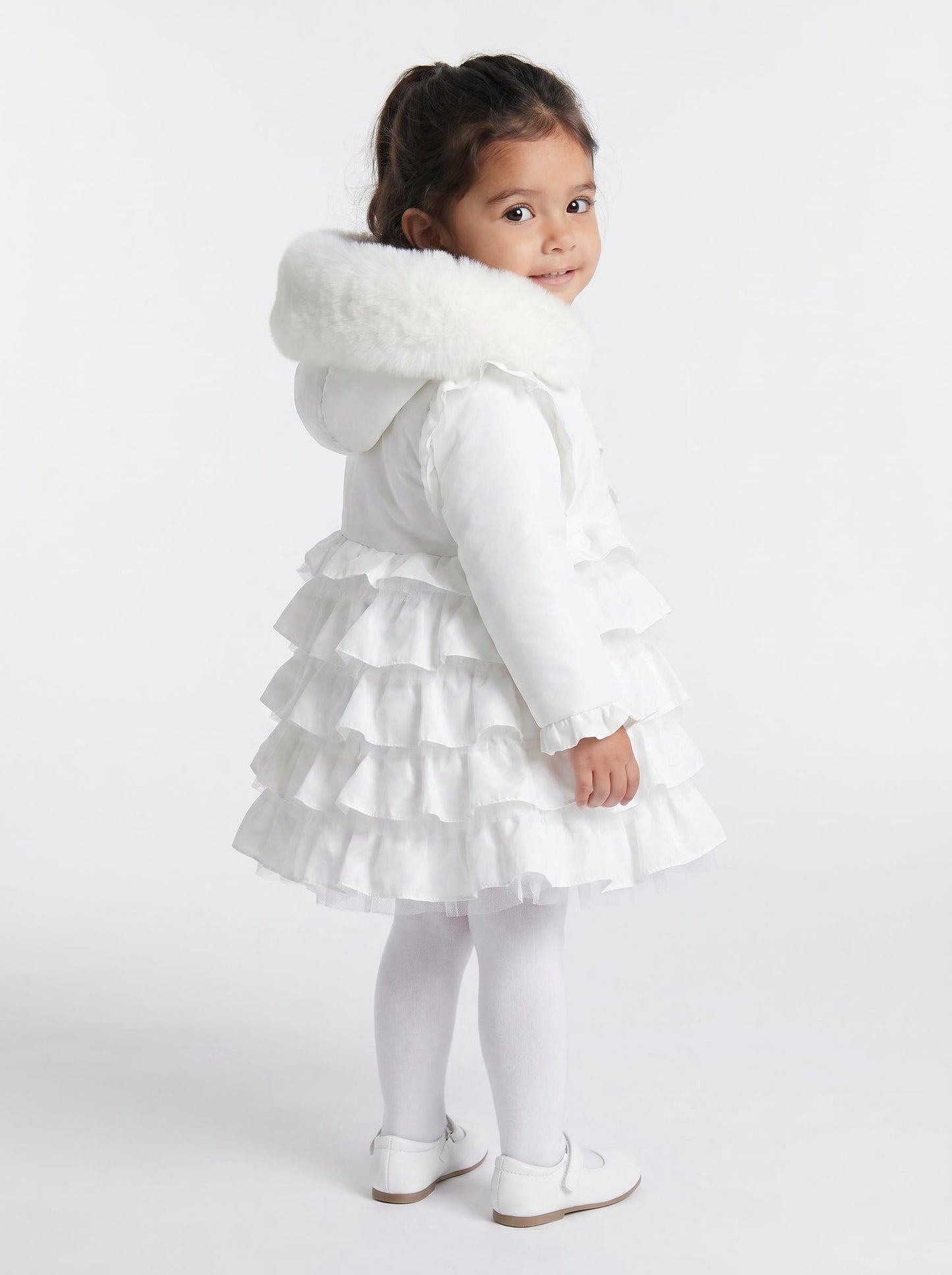 Baby Girls White Puff Coat with Faux Fur Hood