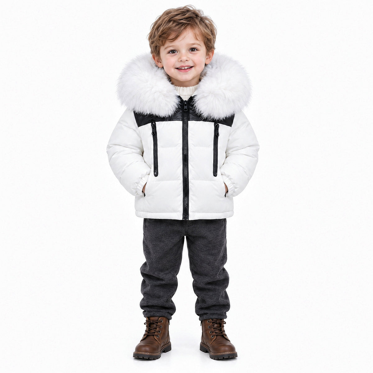 Baby Boys White Puffer Coat With Faux Fur Hood