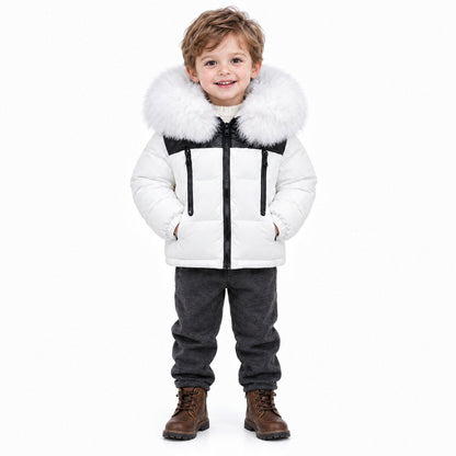 Baby Boys White Puffer Coat With Faux Fur Hood
