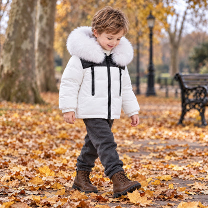 Baby Boys White Puffer Coat With Faux Fur Hood