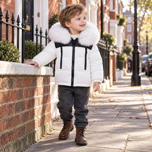 Baby Boys White Puffer Coat With Faux Fur Hood