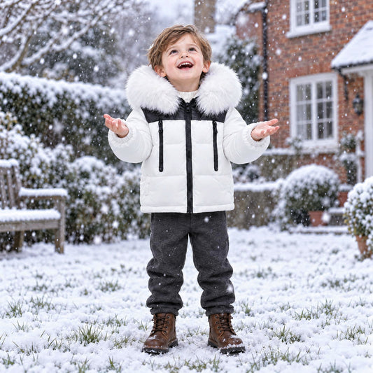 Baby Boys White Puffer Coat With Faux Fur Hood