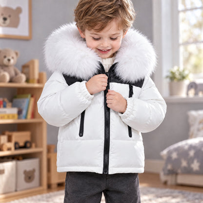 Baby Boys White Puffer Coat With Faux Fur Hood