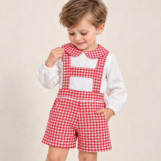 Baby Boys Red Checked H Strip Dungaree With Shirt