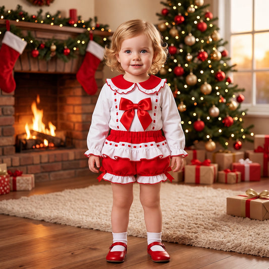 Red Long Sleeve Shorts Set Big Satin Bow