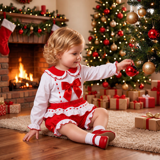 Red Long Sleeve Shorts Set Big Satin Bow