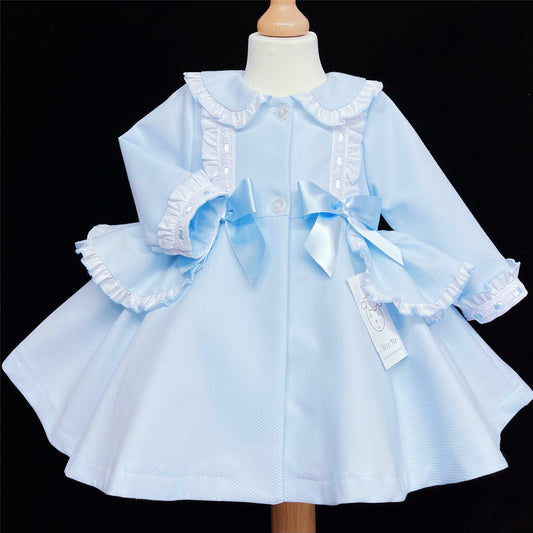 Pale blue baby girls jacket with twin front bows and a ruffled collar