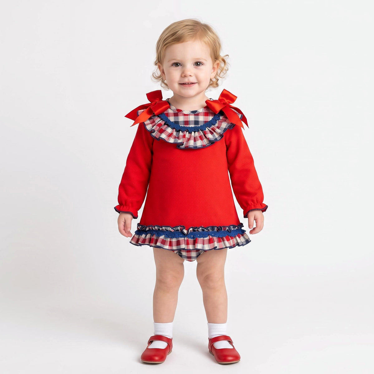Baby Girls Red Waffle Dress Checked Collar Shoulder Bow