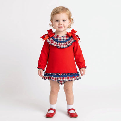 Baby Girls Red Waffle Dress Checked Collar Shoulder Bow