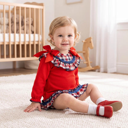 Baby Girls Red Waffle Dress Checked Collar Shoulder Bow