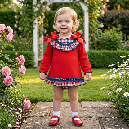 Baby Girls Red Waffle Dress Checked Collar Shoulder Bow