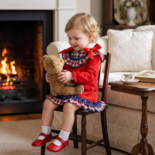 Baby Girls Red Waffle Dress Checked Collar Shoulder Bow