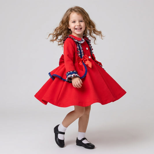 Baby Girls Red & Navy Checked Waffle Frill Jacket