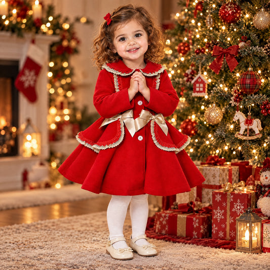 Baby Girls Puff Ball Wool Coat With Camel Bows