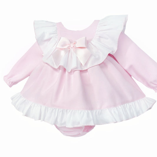Baby Girls Pale Pink White Ruffle Bow Dress and Pants Set